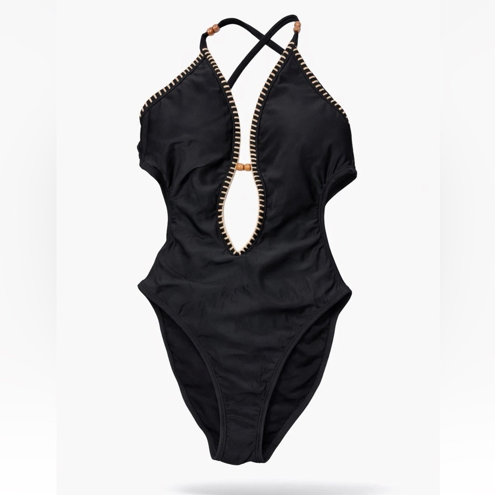 Shade & Shore Black One Piece Swimsuit XS – Crochet Trim & Bead Detail NWT